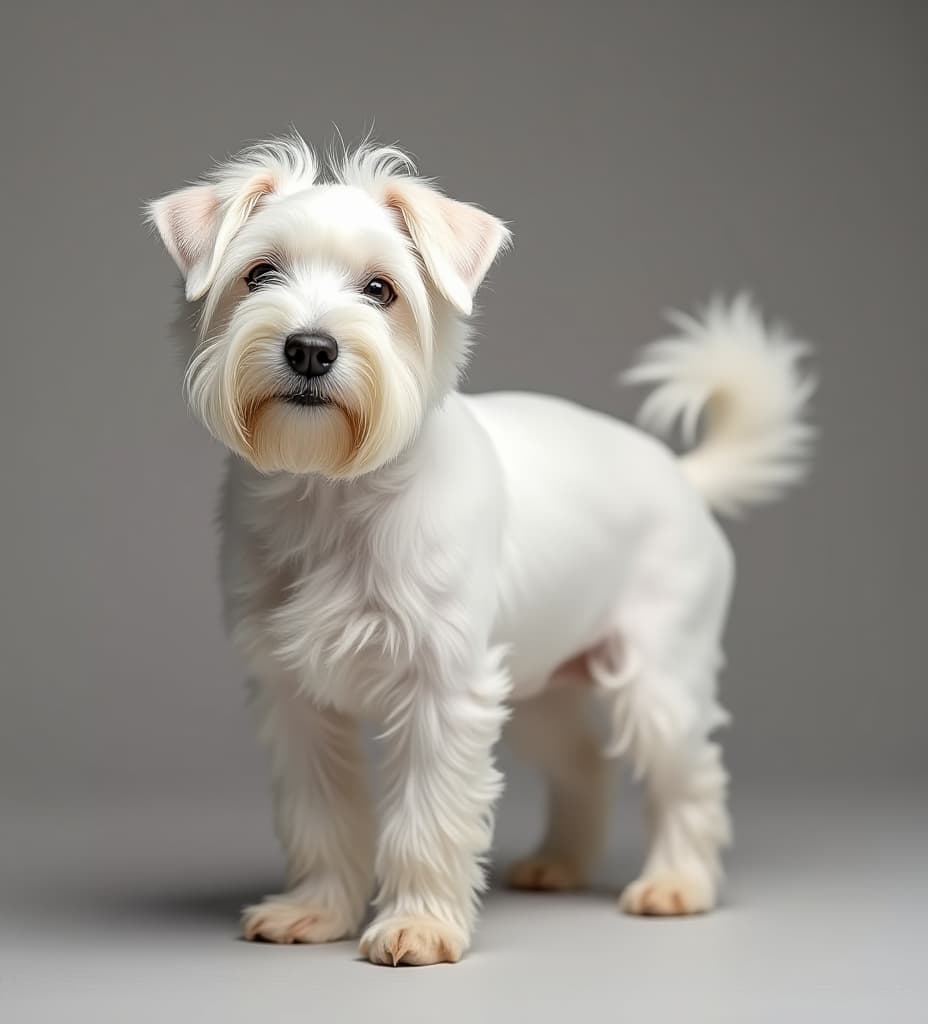  all white medium jack russell terrier dog with wavy hair and droopy ears full body with long hairy tail