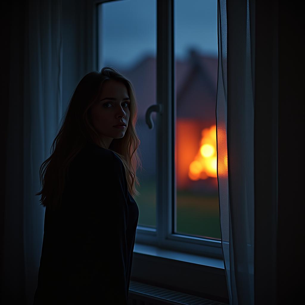  a young woman late at night, she stands by her bedroom window, her face illuminated by the bright light of a fire outside, she looks frightened as she gazes out the window