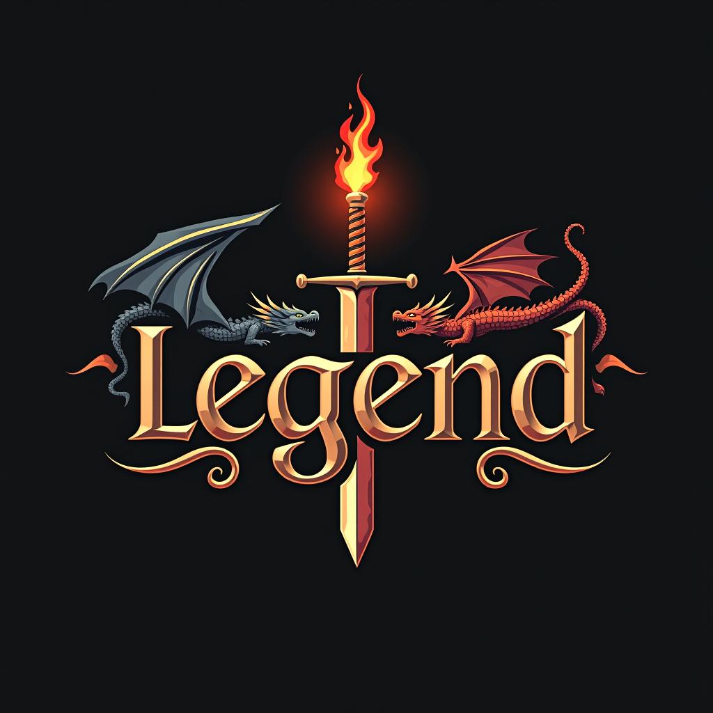  design a logo, custom sticker design on an isolated black background with the words ‘legend’ in bold font decorated by mythical dragons and a flaming sword