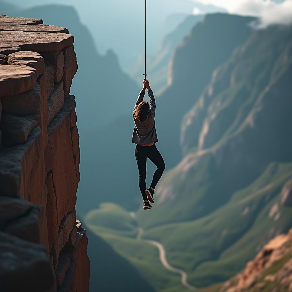  a person is hanging over a cliff, holding onto a shoelace.