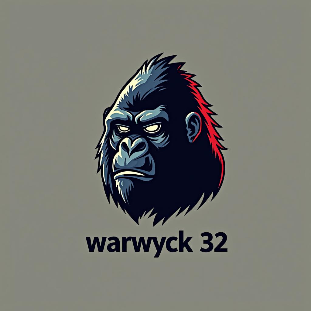  design a logo, in a minimalism style. electronic gorilla, with the text 'warwyck 32'.