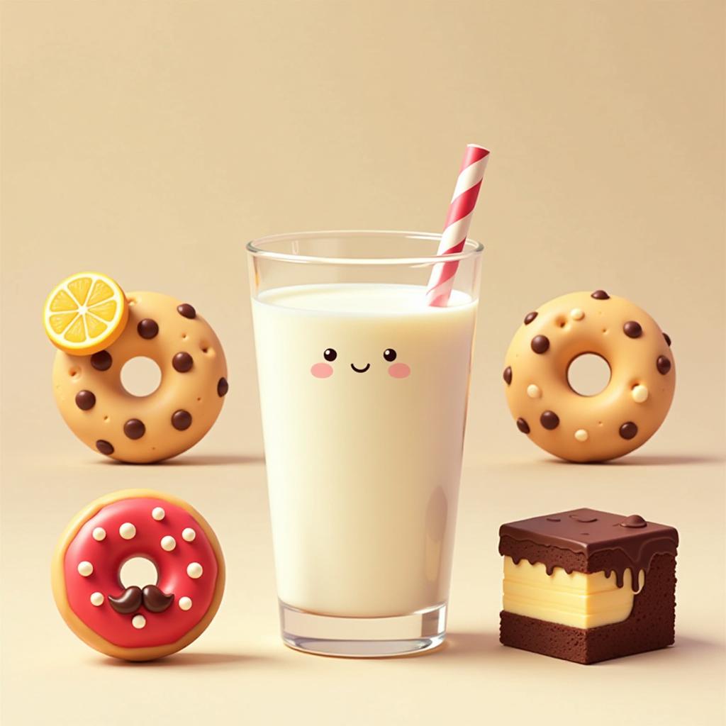  6 characters in total character 1: a round choco chip cookie character 2: a round full yellow cookie with a lemon slice as a hair clip only on yellow cookie. also no choco chips character 3: a round red cookie with white chocolate chips character 4: a donut without a hole filled with custard and has a mustache no hairclip character 5: a square chocolate brownie piece with chocolate ganache on top character 6: a glass of milk with milk splashing out characters to be in the following order: 2, 4, 3, 5, 6, 1 all characters have a small smile, mouth should not be open all characters have stick arms, high quality, high details, hd, perfect composition, 4k epic detailed, highly detailed, sharp focus, high resolution