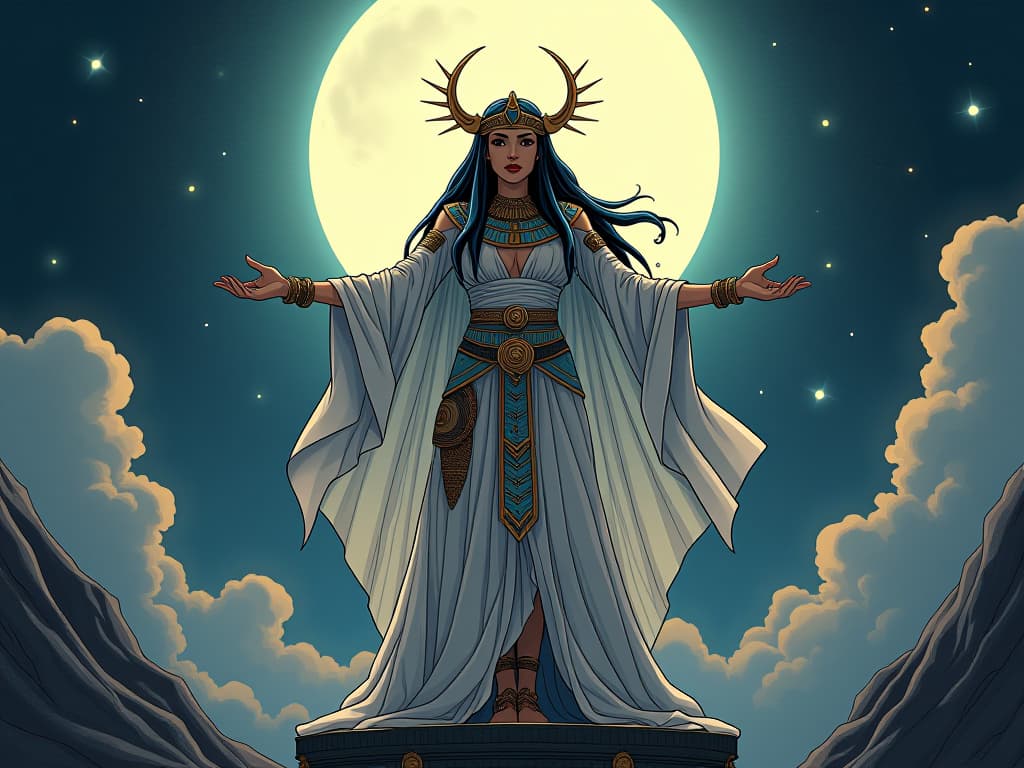  woman in celestial egyptian attire, standing on a platform under the full moon, arms outstretched, channeling universal energy, scene of alignment and connection. the style is digital art illustration / modern comic book / mysterious occult, symbolic, esoteric vibe,high detail on character design, incorporating ancient egyptian symbology and attire.