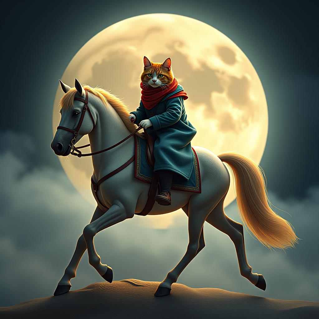  a cat riding a horse, hand drawn, on the moon, studio light, hdr 4k hyperrealistic, full body, detailed clothing, highly detailed, cinematic lighting, stunningly beautiful, intricate, sharp focus, f/1. 8, 85mm, (centered image composition), (professionally color graded), ((bright soft diffused light)), volumetric fog, trending on instagram, trending on tumblr, HDR 4K, 8K