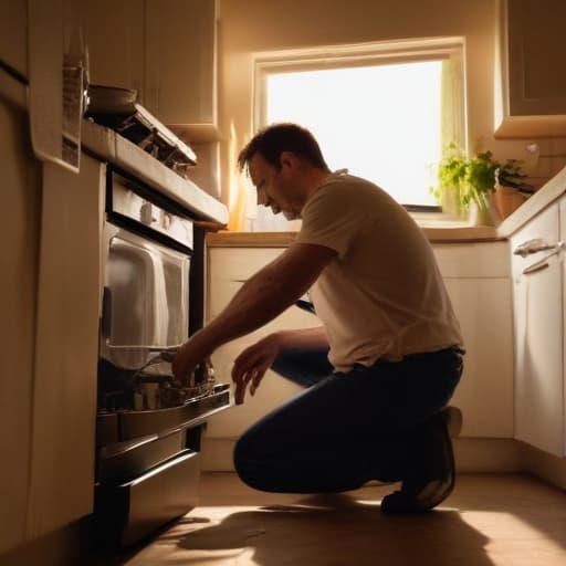 A photo of a repairman fixing a malfunctioning dishwasher in a cozy kitchen during the early evening with warm, golden hour lighting casting soft, elongated shadows.