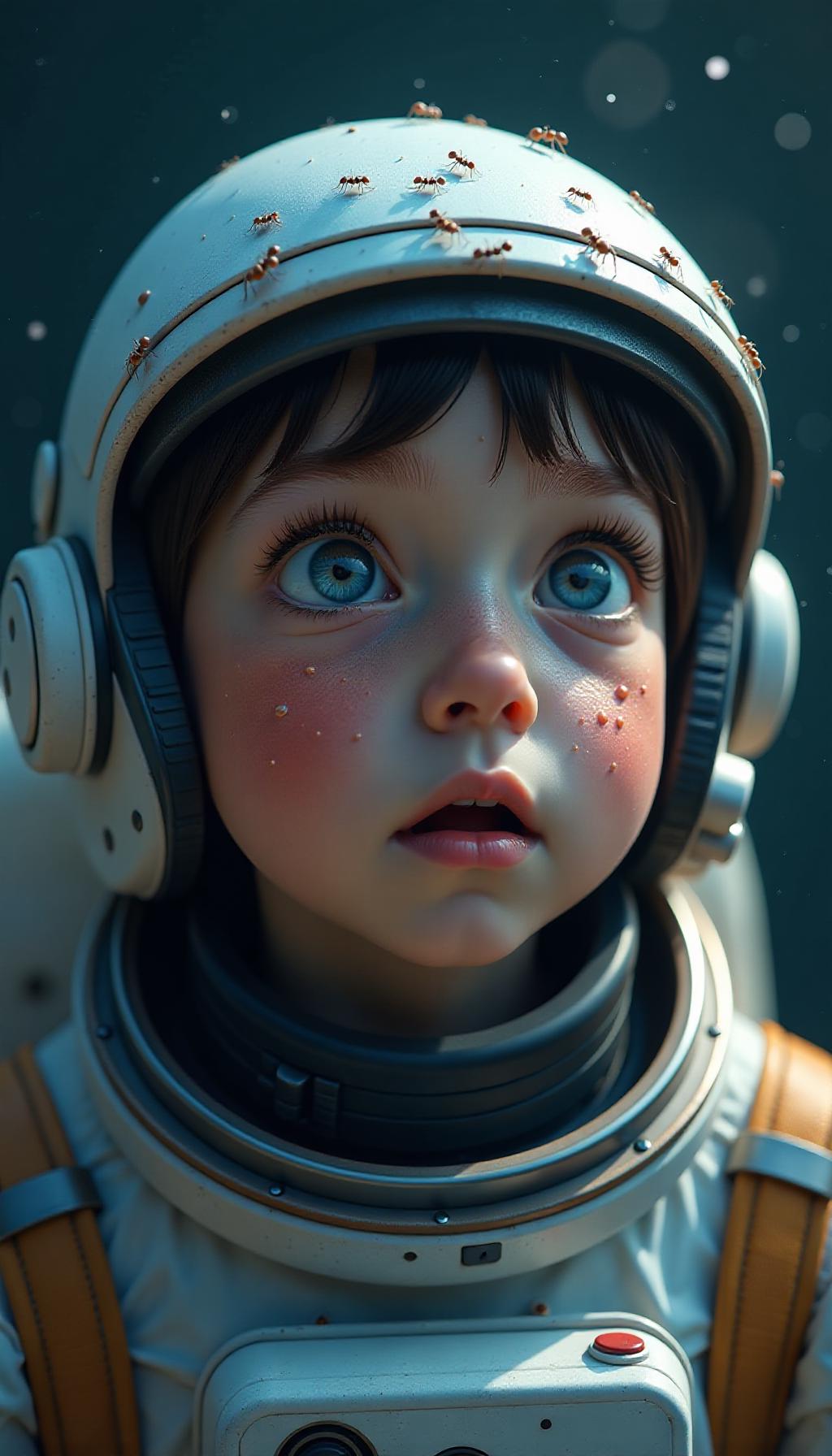  create a high quality, photorealistic image that vividly depicts the following scene: "a close up animation featuring a fascinated astronaut with dilated pupils, his visor mirroring the star dusted abyss of the cosmos and a horde of ants veiling the earth beneath. his countenance, etched with shock and equal parts awe, is accessorised with tiny droplets of frozen tears, gracefully defying gravity. striking radiant light brings out his facial features with the earthy greens and aquatic blues of the planetary body reflecting off from the profound inky void of space. the light and dark play off in a contrasting, natural color palette, captured on a canon eos r5, f/1.8, iso 200, 1/100s, 8k, raw, representing an exceptional curiosity in an  hyperrealistic, full body, detailed clothing, highly detailed, cinematic lighting, stunningly beautiful, intricate, sharp focus, f/1. 8, 85mm, (centered image composition), (professionally color graded), ((bright soft diffused light)), volumetric fog, trending on instagram, trending on tumblr, HDR 4K, 8K