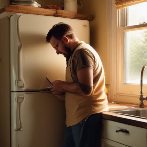 A photo of a seasoned repair technician skillfully repairing a vintage refrigerator in a cozy kitchen during the late afternoon with warm, golden lighting streaming in through a nearby window, creating a soft and inviting atmosphere.