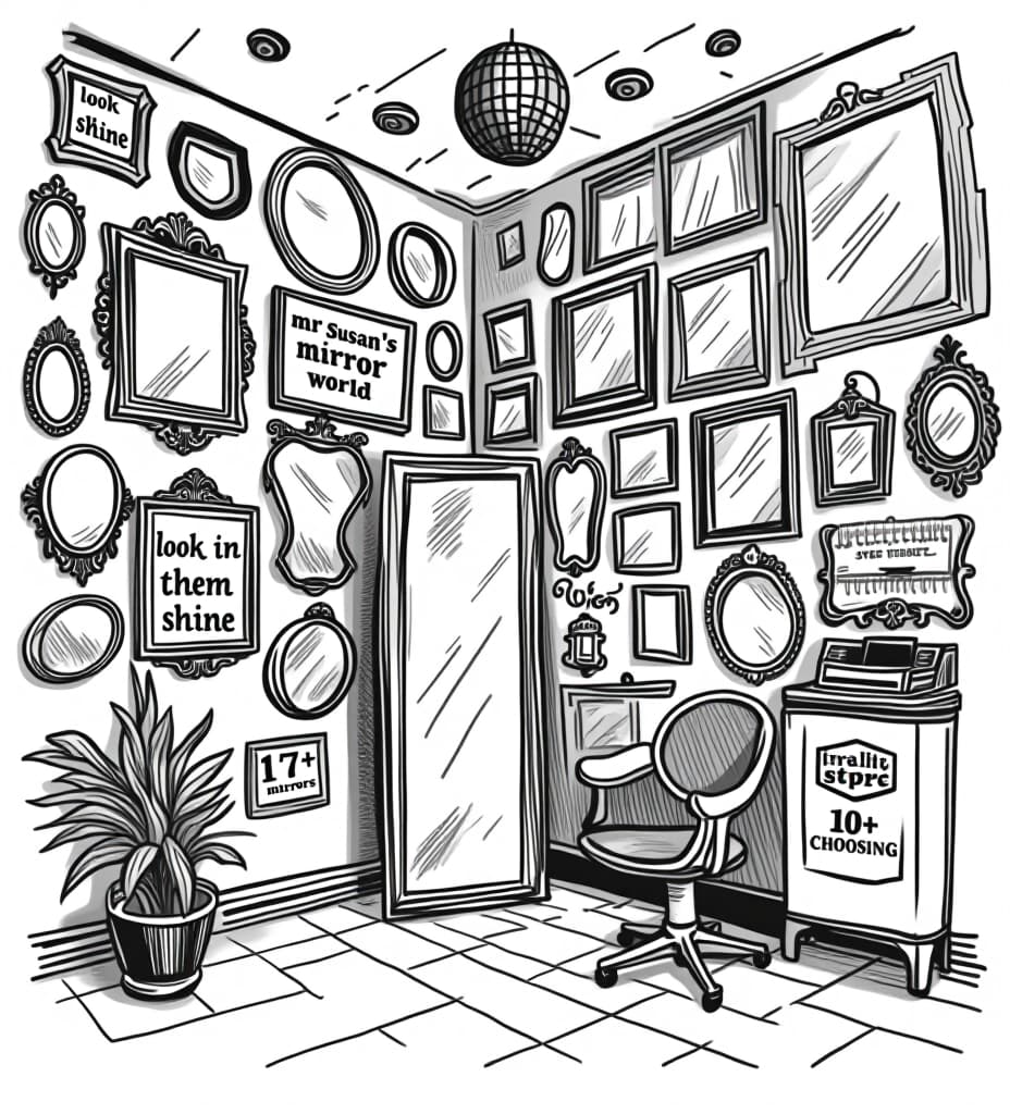  t shirt design . a black on white vector illustration, showing the corner of a room. on the walls are many mirrors in all many shapes and sizes some square, circle, rectangle, oval, some ornate and fancy, some modern style, and a full length floor mirror. a sign with text "look at them shine" another small sign with the text "17+ mirrors". a small disco ball hanging from the ceiling. distressed sketch. large sign logo on the wall that says "mr susan’s mirror world" and on the bottom, tagline that says " time for you, to do the choosin' ", high quality, high details, hd, perfect composition, 4k epic detailed, highly detailed, sharp focus, high resolution