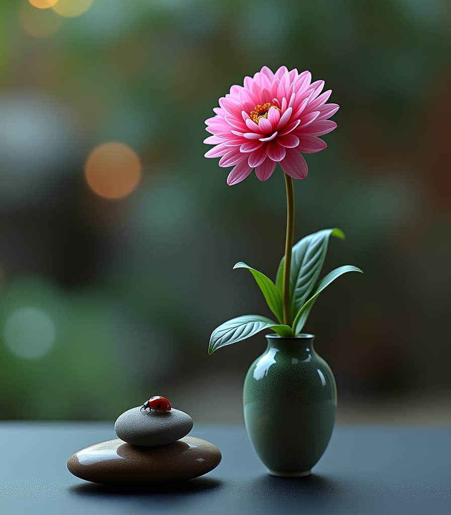  digital image. far background. classic japanese ikebana. (high). one single pink chrysanthemum flower in a small vase. tall stem, graceful carved leaves. an unusual variety of chrysanthemum. ladybug, dewdrop. (two smooth polished stones with veins: 1,4). background: (view of rock garden). bokeh. sparks, light effects. high contrast. beauty, refinement. austerity, elegance, meditation, harmony. photorealism, hyperrealism. studio, professional shooting. hyperrealistic, full body, detailed clothing, highly detailed, cinematic lighting, stunningly beautiful, intricate, sharp focus, f/1. 8, 85mm, (centered image composition), (professionally color graded), ((bright soft diffused light)), volumetric fog, trending on instagram, trending on tumblr, HDR 4K, 8K