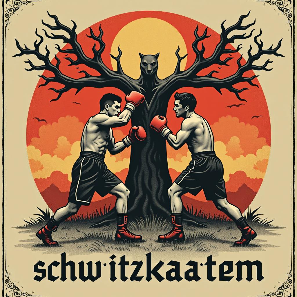  design a logo, in a surrealism style. zwei deutsche boxkämpfer im kampf unter dem eichenbaum, with the text 'schwitzkasten'.