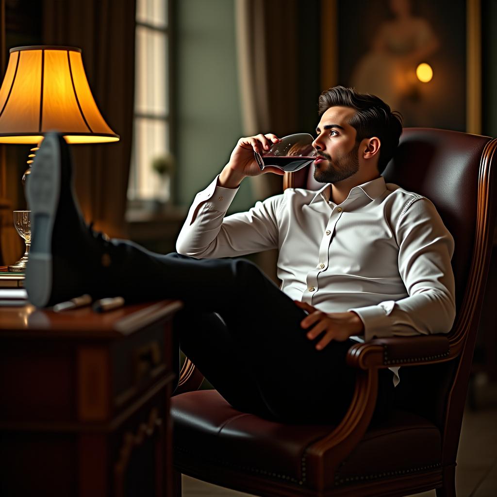  handsome young man feeting his feets on the desk ,wearing black shoes and drinking wine, masterpiece, best quality