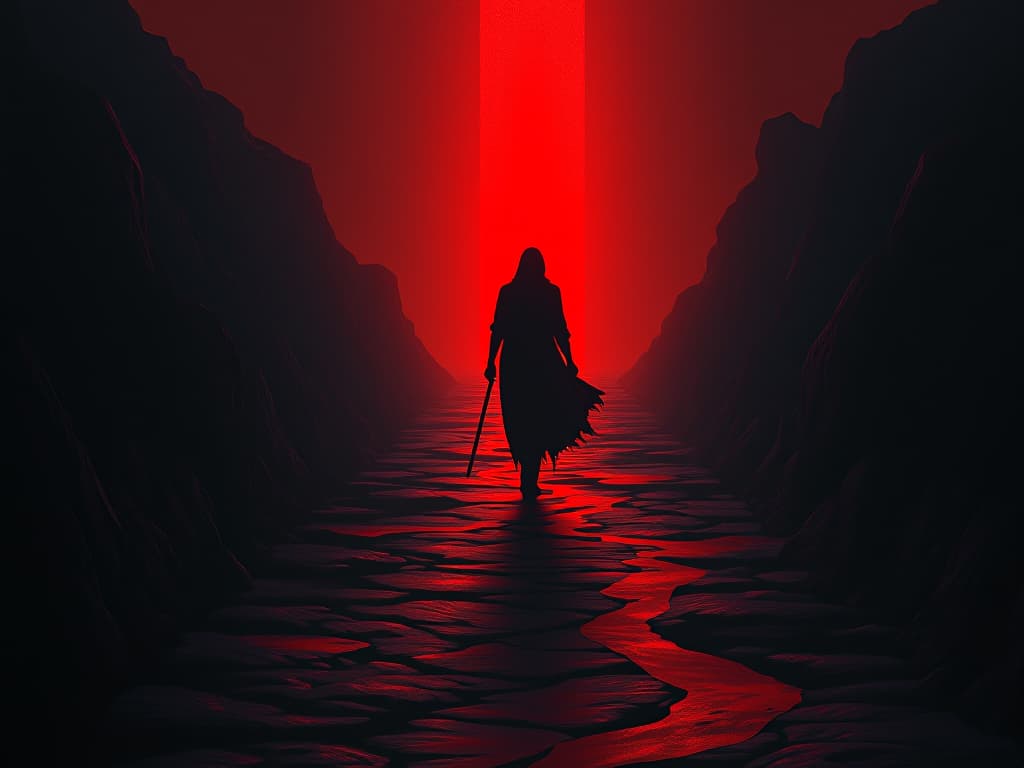  individual walking along a narrow path with light at the end, shadows representing past actions falling behind, mood of determined transformation.. the style is dark fantasy and mysterious occult, symbolic, moody lighting, esoteric vibe,high detail on character design. for the color scheme emphasize blacks and reds.