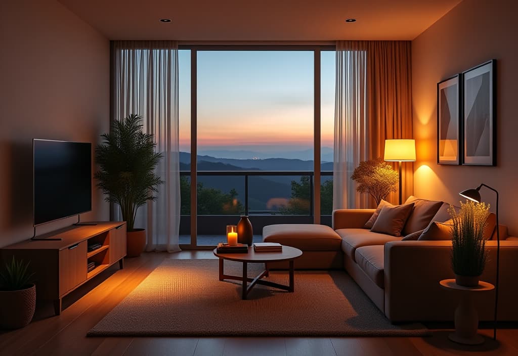  a landscape photo of a minimalist living room at dusk, with soft, warm lighting creating a cozy atmosphere, highlighting carefully curated decor and clutter free surfaces hyperrealistic, full body, detailed clothing, highly detailed, cinematic lighting, stunningly beautiful, intricate, sharp focus, f/1. 8, 85mm, (centered image composition), (professionally color graded), ((bright soft diffused light)), volumetric fog, trending on instagram, trending on tumblr, HDR 4K, 8K