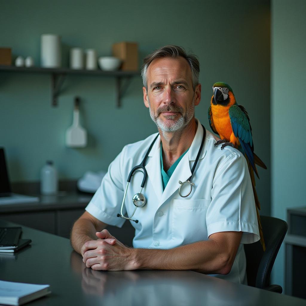  professional detailed photography, veterinarian man sitting at table in veterinary clinic with colorful parrot sitting on his shoulder, (muted colors, dim colors, soothing tones), (vsco:0.3)