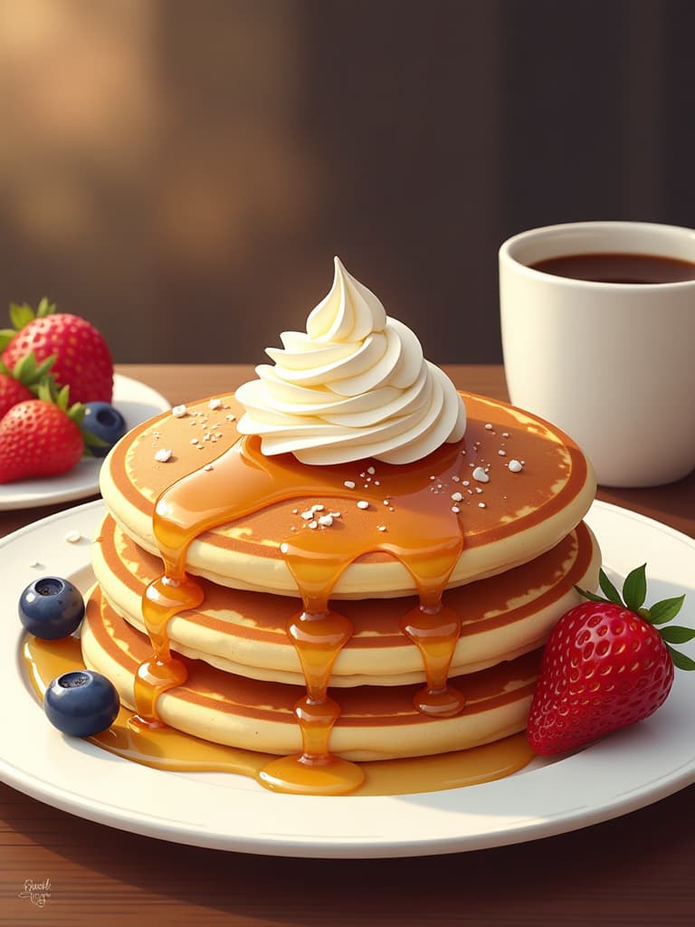  (illustrator style:1.5)masterpiece,(delicious pancakes: 2.0)(served with whipped cream: 1.5)(served with fruit: 1.5)(served with honey: 1.5)(coffee) high quality,16k,super analysis