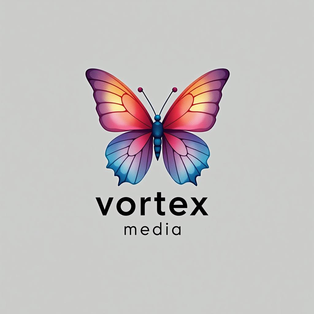  design a logo, watercolor style, logo of a butterfly, beautiful colors, with the text 'vortex media'.