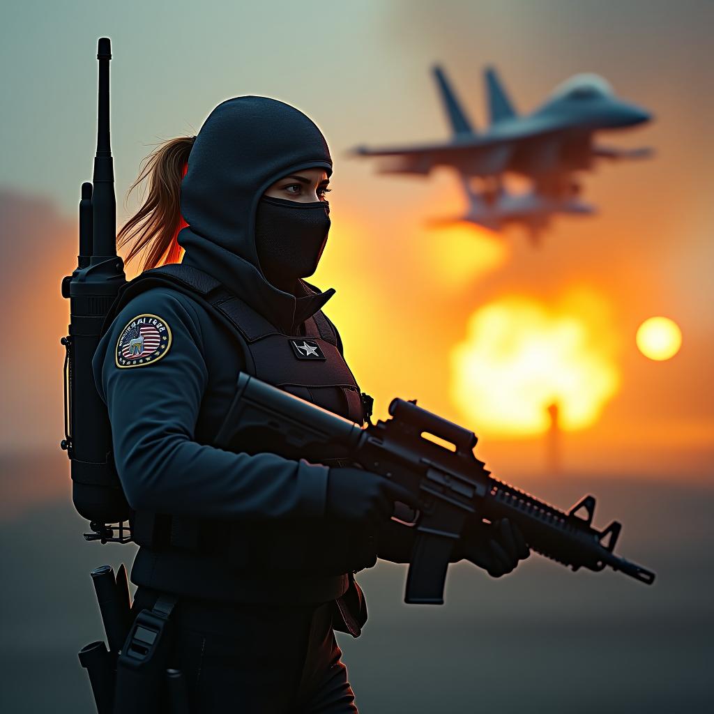  a painted is a cia agent, in an armored vest, in a protective mask,unloads on her , a walkie talkie, holds a weapon, f16 fighter jets fly in the background, everything is on fire. hyperrealistic, full body, detailed clothing, highly detailed, cinematic lighting, stunningly beautiful, intricate, sharp focus, f/1. 8, 85mm, (centered image composition), (professionally color graded), ((bright soft diffused light)), volumetric fog, trending on instagram, trending on tumblr, HDR 4K, 8K