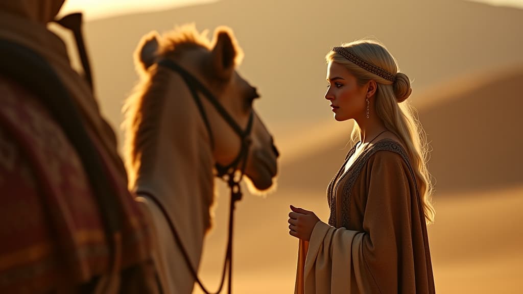  history of biblical times, rebecca dismounting her camel, gazing at isaac with curiosity and shyness, as she prepares to meet her future husband. hyperrealistic, full body, detailed clothing, highly detailed, cinematic lighting, stunningly beautiful, intricate, sharp focus, f/1. 8, 85mm, (centered image composition), (professionally color graded), ((bright soft diffused light)), volumetric fog, trending on instagram, trending on tumblr, HDR 4K, 8K