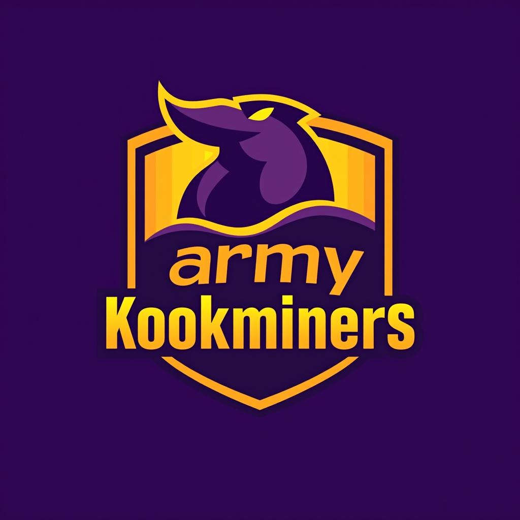  design a logo, purple and yellow, with the text 'army kookminers '.