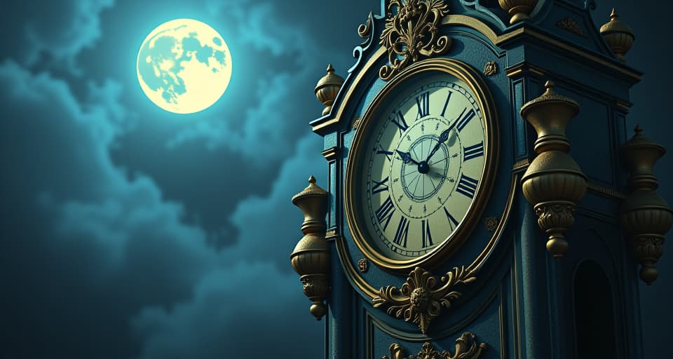  an ancient, ornate clock beginning to turn as events unfold. moonlit night, mystical symbols, sense of inevitable consequence.. the style is digital art illustration,highly detailed, whimsical,magical, dreamlike atmosphere, realism and fantasy blend, smooth, glossy textures,luminous quality, wonder and enchantment.