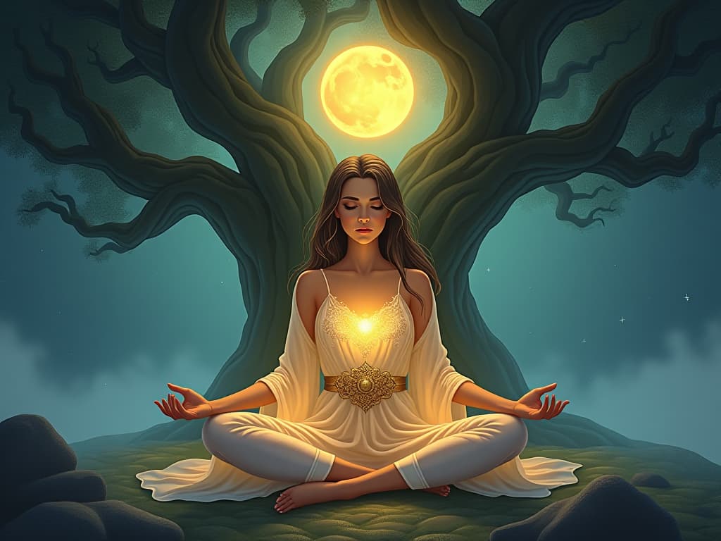  enchanting sorceress in translucent, glowing attire, meditating under an ancient, luminous tree, her face reflecting inner peace, symbolizing deepening connection to the divine.. the style is digital art illustration,highly detailed, whimsical,magical, dreamlike atmosphere, realism and fantasy blend, smooth, glossy textures,luminous quality, wonder and enchantment.