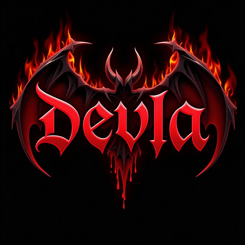  the inscription "devla" is in a gothic, bloody style on a black background with flames. the inscription is placed on the devilish lilith.