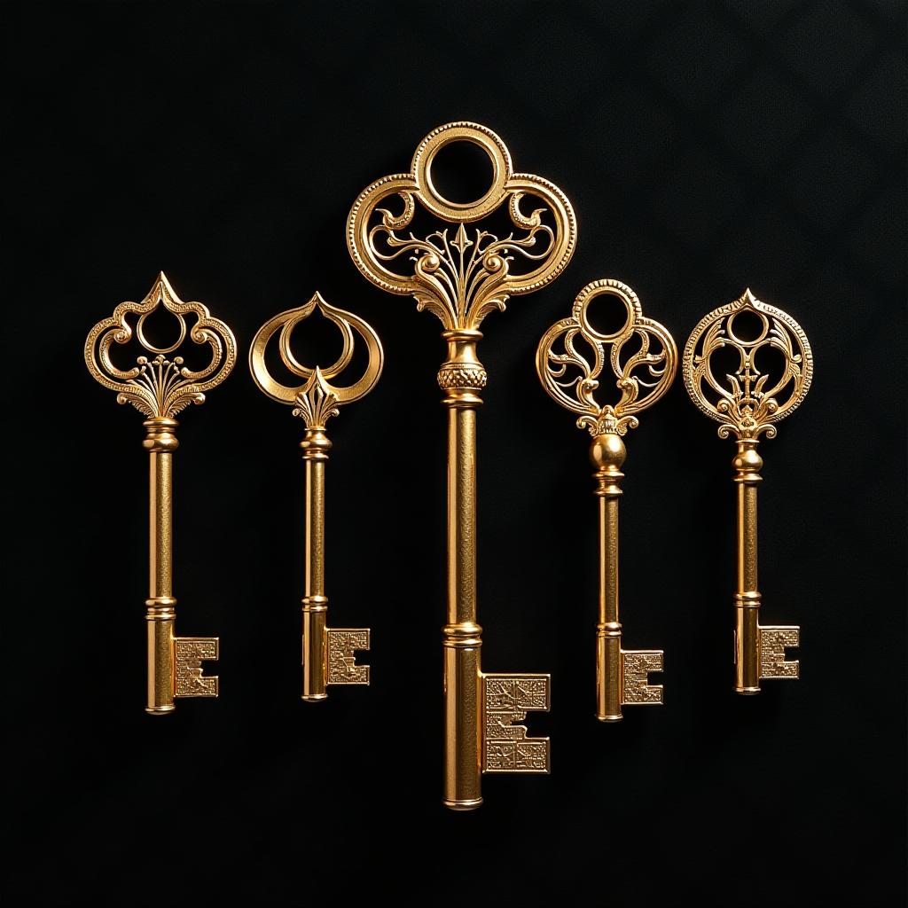  a stunning arrangement of golden keys displayed artfully against a textured black velvet backdrop. the keys feature intricate art deco designs with sharp geometric patterns and luxurious gold accents, evoking the glamour of the 1920s and 1930s. the lighting casts a soft glow on the keys, enhancing their opulence and sophistication, creating a sense of timeless elegance.