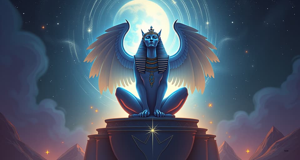  the figure of a majestic sphinx, ethereal and glowing, seated in a meditative pose on a celestial pedestal, surrounded by swirling astral light, guardians of the spiritual realm. the style is digital art illustration / modern comic book / mysterious occult, symbolic, esoteric vibe,high detail on character design, incorporating ancient egyptian symbology and attire.