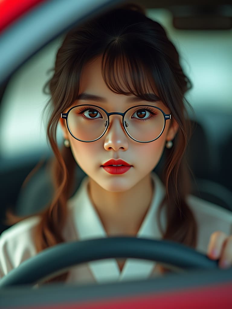  yin car, cute, glasses, girls, alone, masterpiece, best quality,8k,ultra detailed,high resolution,an extremely delicate and beautiful,hyper detail hyperrealistic, full body, detailed clothing, highly detailed, cinematic lighting, stunningly beautiful, intricate, sharp focus, f/1. 8, 85mm, (centered image composition), (professionally color graded), ((bright soft diffused light)), volumetric fog, trending on instagram, trending on tumblr, HDR 4K, 8K