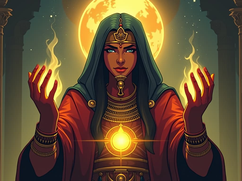  a mystic figure, hands glowing with energy, eyes seeing unseen truths, an atmosphere of unveiling hidden realities. the style is digital art illustration / modern comic book / mysterious occult, symbolic, esoteric vibe,high detail on character design, incorporating ancient egyptian symbology and attire.