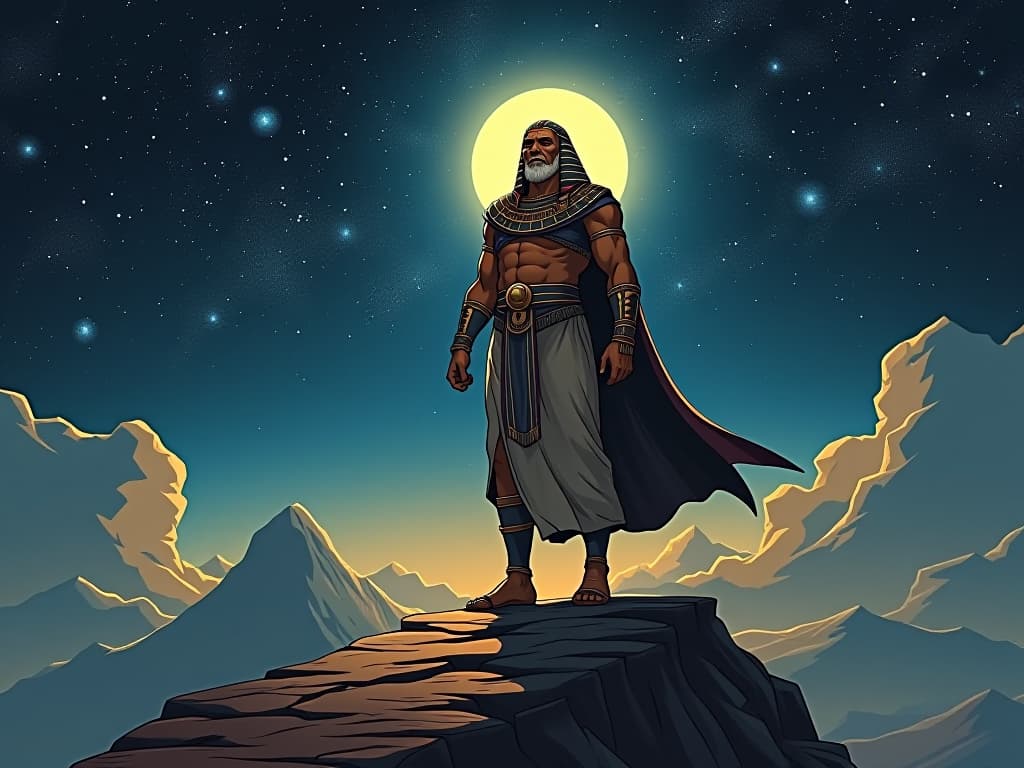  a large busted sage in tight ceremonial robes, standing on a mountaintop, radiating enlightenment, illuminating a path through the starry night, mood of guiding wisdom. the style is digital art illustration / modern comic book / mysterious occult, symbolic, esoteric vibe,high detail on character design, incorporating ancient egyptian symbology and attire.