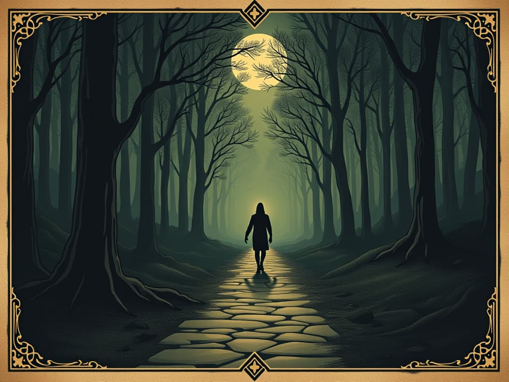  figure walking on a narrow path through a dark forest, trail of light behind them, feeling of guidance and determination. an illustration in the style of a worn, mystical old tarot trump card, mysterious and elements of surrealism. the colors are muted, somber and eerie, but with contrast bring out an occult and esoteric vibe.