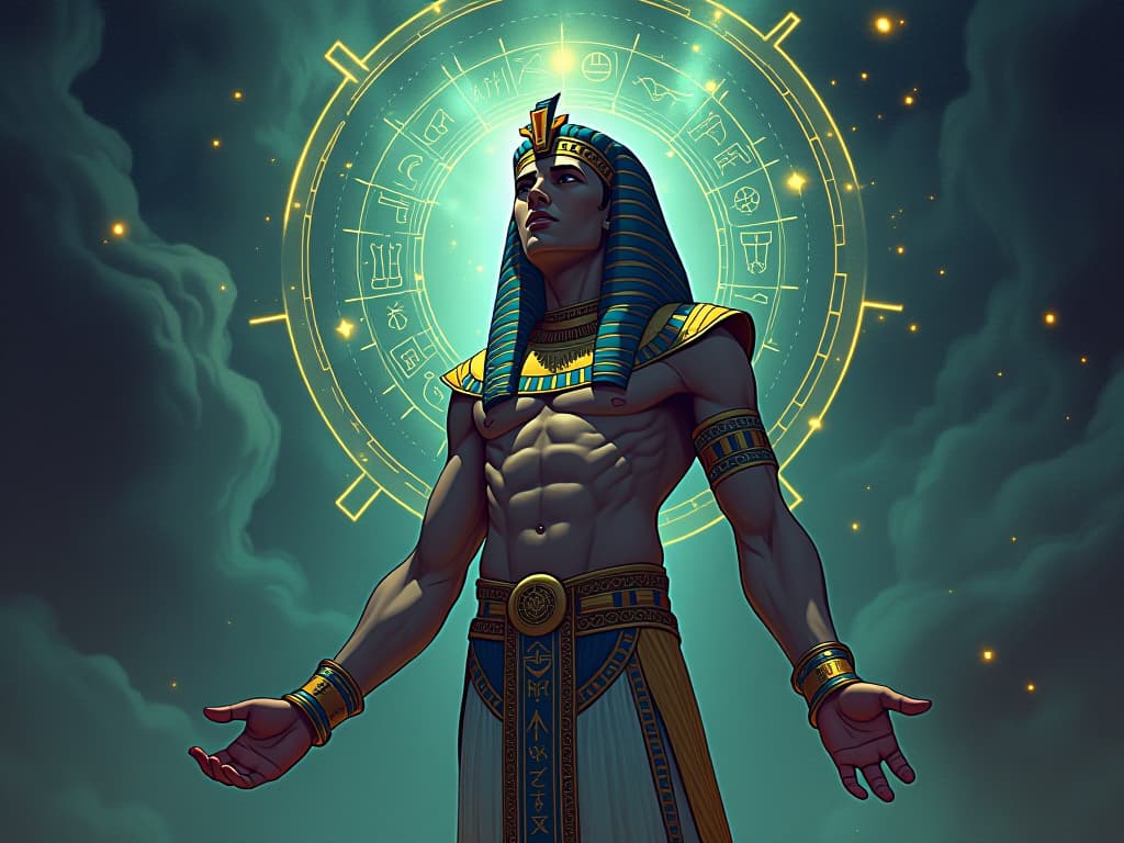  illuminated ancient symbols intertwined with dreamlike images, large busted figure absorbing their meanings, ethereal. the style is digital art illustration / modern comic book / mysterious occult, symbolic, esoteric vibe,high detail on character design, incorporating ancient egyptian symbology and attire.