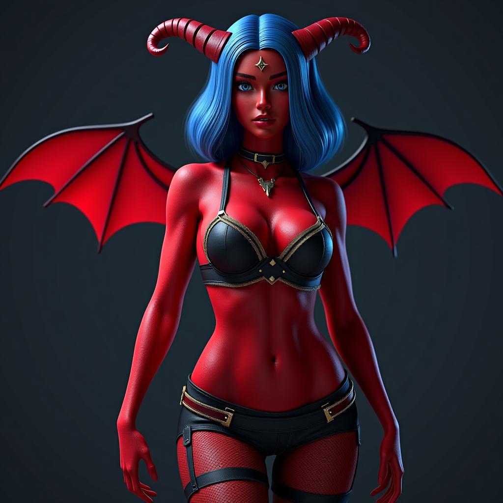  professional 3d model red skinned succubus busty blue hair. octane render, highly detailed, volumetric, dramatic lighting