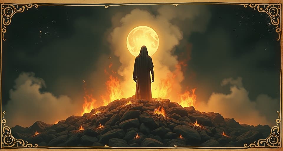  a human figure emerging from a bed of ashes, glowing softly, strength, renewal, divine essence. an illustration in the style of a worn, mystical old tarot trump card, mysterious and elements of surrealism. the colors are muted, somber and eerie, but with contrast bring out an occult and esoteric vibe.