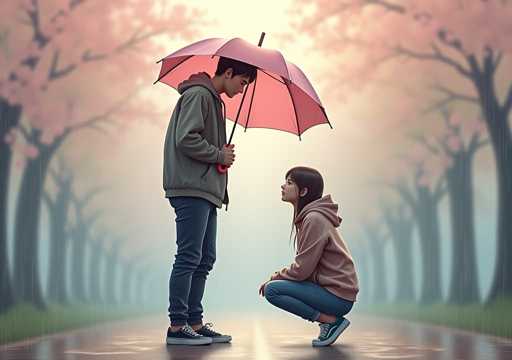  good quality, high quality, a serene scene featuring a young man and a young woman in the rain. the man stands, holding a light pink umbrella over the woman, who is crouched with a thoughtful expression. both wear casual hooded jackets and sneakers, adding to the cozy and heartfelt atmosphere. gentle raindrops fall softly around them, with a blurry, pastel toned background of blossoming trees that suggests the warmth of early spring. the lighting is soft, creating a nostalgic feel with muted colors. the painting should use a water oil style with subtle brushstrokes and texture to capture the rain, expressions, and the gentle, emotional connection between them.