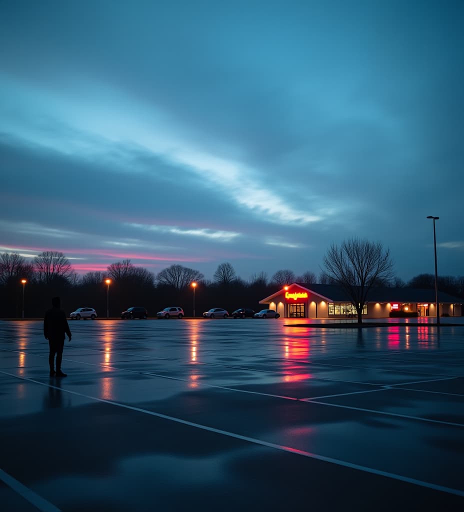  a serene dusk photograph of a parking lot, showcasing a few cars scattered across the empty space, their reflections dancing on the polished surfaces. the sky above is a captivating blend of deep blue, transitioning to lighter hues, with soft pink and white clouds floating gently. the buildings in the background are lit with warm, inviting illumination, their signs casting a soft glow into the calming evening atmosphere. the muted and balanced colors create a sense of tranquility and quietude, reflecting the beauty of a peaceful nightfall