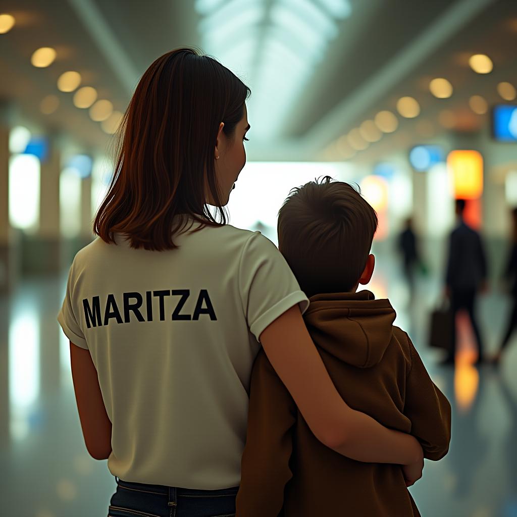  a photo of a woman with a boy in an airport and on her shirt says the text maritza hyperrealistic, full body, detailed clothing, highly detailed, cinematic lighting, stunningly beautiful, intricate, sharp focus, f/1. 8, 85mm, (centered image composition), (professionally color graded), ((bright soft diffused light)), volumetric fog, trending on instagram, trending on tumblr, HDR 4K, 8K