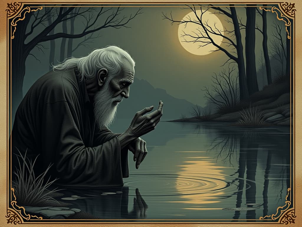  an elderly figure gazing at their reflection in a still pond, reflection shows a youthful face, twilight ambiance, serene, timeless yearning. an illustration in the style of a worn, mystical old tarot trump card, mysterious and elements of surrealism. the colors are muted, somber and eerie, but with contrast bring out an occult and esoteric vibe.