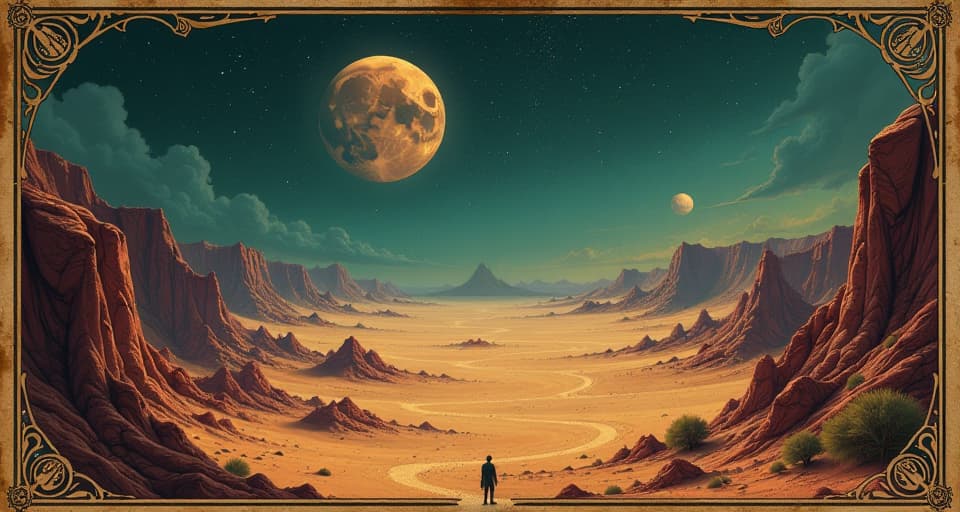  a vast desert with distant mirages, unexplored possibilities, vast, unknown. an illustration in the style of a worn, mystical old tarot trump card, mysterious and elements of surrealism. the colors are muted, somber and eerie, but with contrast bring out an occult and esoteric vibe.