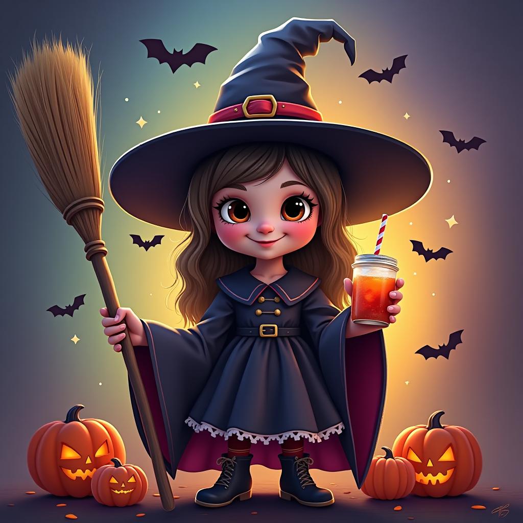  create a digital painting featuring a cute witch character. the witch should be wearing a hat. in one hand, the witch should hold a broomstick, and in the other hand, a halloween themed drink. the background should be colorful and include small black bats, pumpkins and stars to add a playful halloween touch. the overall style should be cute, whimsical, and colorful hyperrealistic, full body, detailed clothing, highly detailed, cinematic lighting, stunningly beautiful, intricate, sharp focus, f/1. 8, 85mm, (centered image composition), (professionally color graded), ((bright soft diffused light)), volumetric fog, trending on instagram, trending on tumblr, HDR 4K, 8K