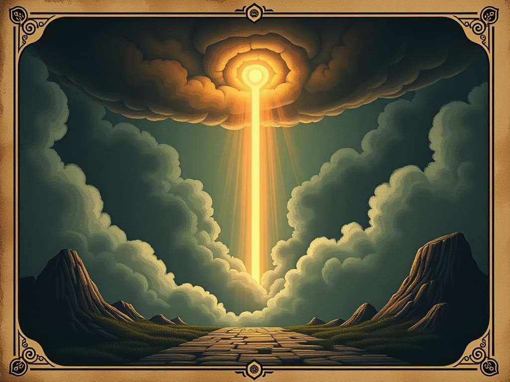  a radiant beacon of light piercing through dark clouds, illuminating a path below, guiding force, hopeful, illuminating. an illustration in the style of a worn, mystical old tarot trump card, mysterious and elements of surrealism. the colors are muted, somber and eerie, but with contrast bring out an occult and esoteric vibe.