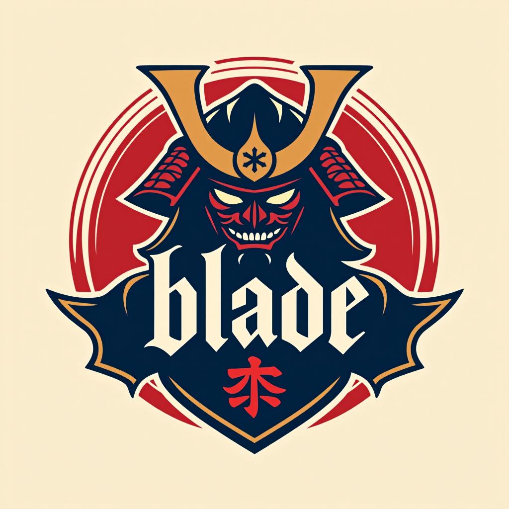  design a logo, emblem logo, with the written text ‘blade’, samurai theme, red and blue.