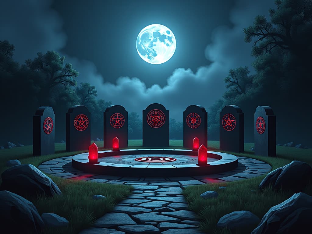  a sacred stone circle in a clearing, moonlight illuminating ancient symbols, air of reverence and solitude. the style is digital art illustration / modern comic book / graphic dark novel fantasy and mysterious occult, symbolic, moody lighting, esoteric vibe,high detail on character design. for the color scheme emphasize blacks and reds.