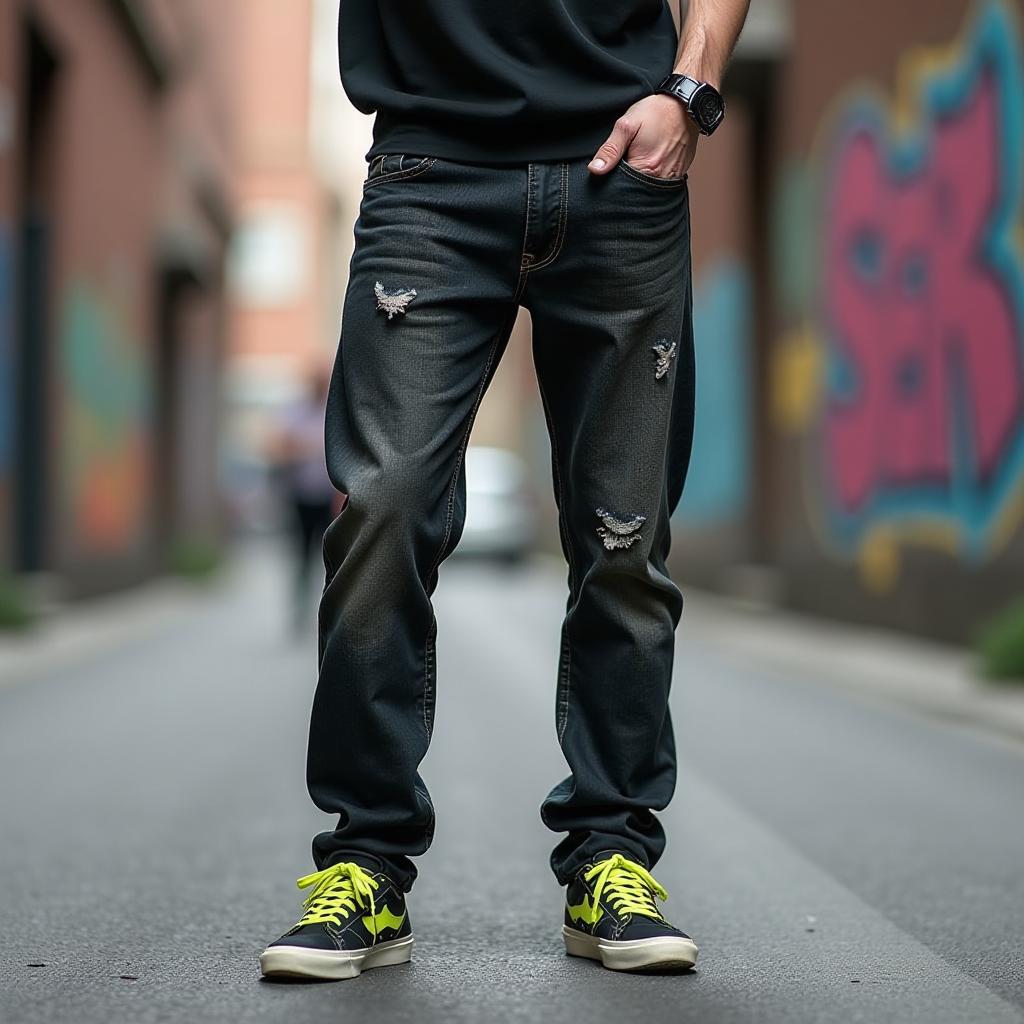  create an image of a full body man wearing jeans with these specifications:, fabric material: canvas, fabric design: faded, colors: black and neon green, age category: young adult, body weight: average, pose: standing with one hand in the pocket, scene: urban street with graffiti in the background, inspiration: casual modern streetwear