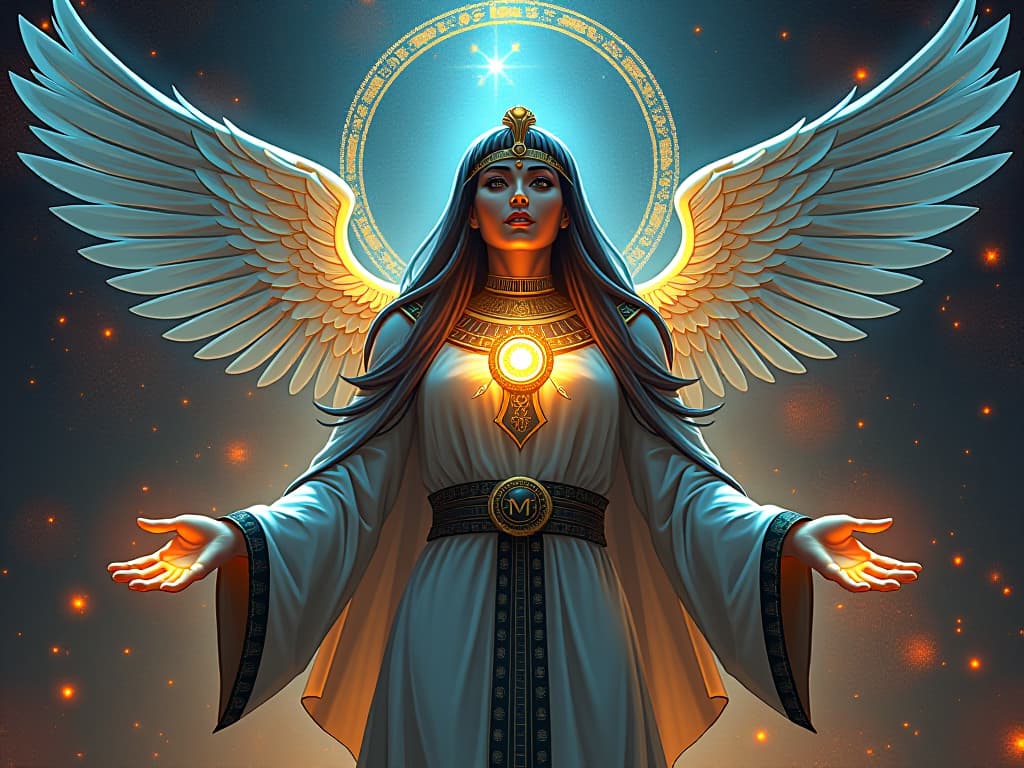  an ethereal being with hands outstretched, surrounded by harmonizing waves of light and color, symbolizing balance and healing. the style is digital art illustration / modern comic book / mysterious occult, symbolic, esoteric vibe,high detail on character design, incorporating ancient egyptian symbology and attire.