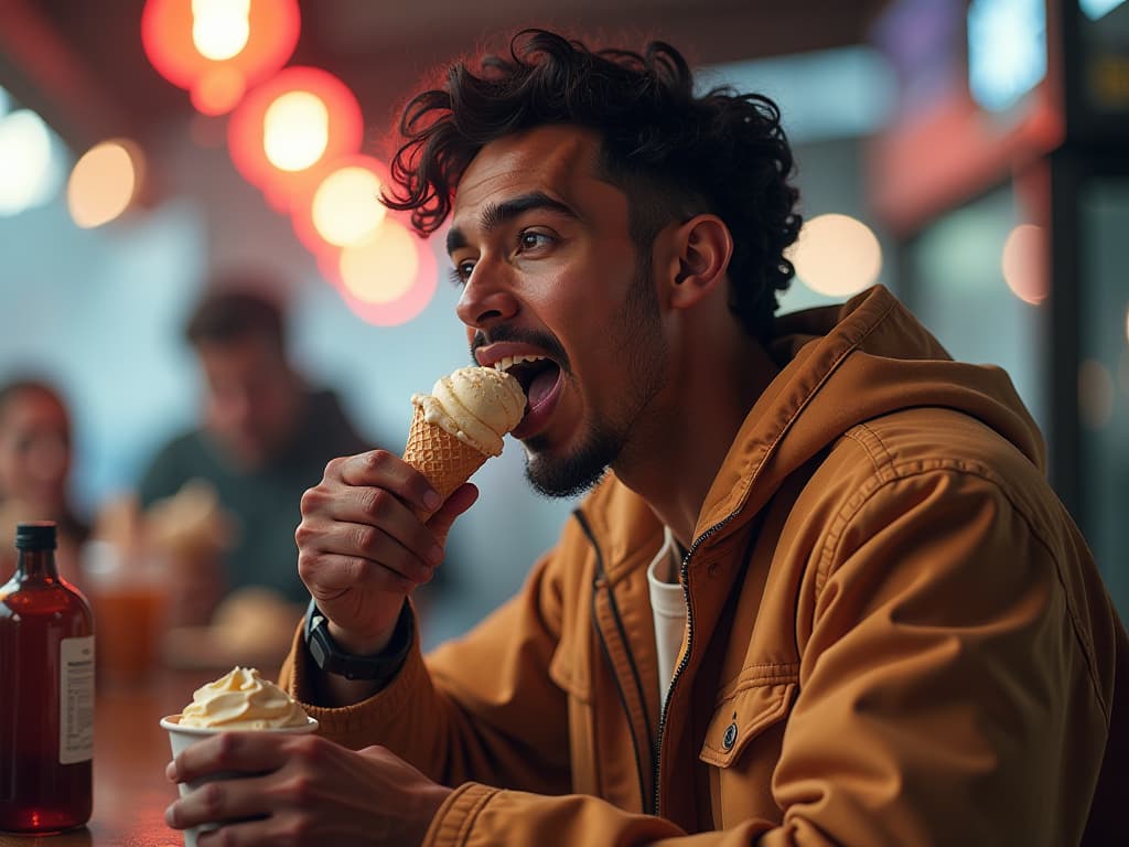  jethalal eating ice cream hyperrealistic, full body, detailed clothing, highly detailed, cinematic lighting, stunningly beautiful, intricate, sharp focus, f/1. 8, 85mm, (centered image composition), (professionally color graded), ((bright soft diffused light)), volumetric fog, trending on instagram, trending on tumblr, HDR 4K, 8K