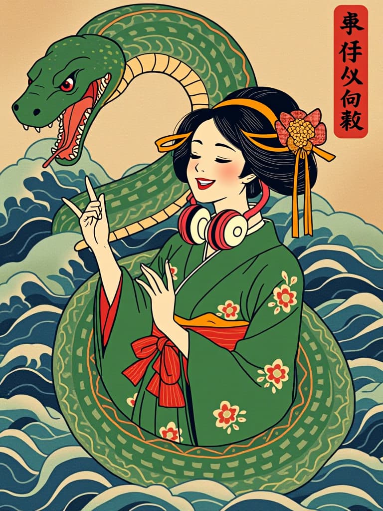  (((green snake:1.3))),(((hokusai katushika))),(((japanese art ukiyoe:1.8))),(((headphone around the neck:2.0))),very loud laugh,(((very joy:1.8))),(((green kimono:1.8)))