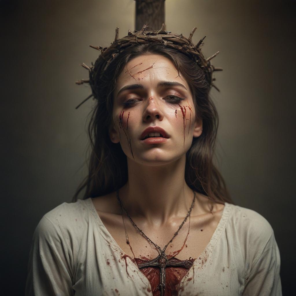 ((masterpiece)), (((best quality))), 8k, high detailed, ultra detailed, a woman crucified, blood dripping from her hands, thorn crown on her head, sorrowful expression, dramatic lighting hyperrealistic, full body, detailed clothing, highly detailed, cinematic lighting, stunningly beautiful, intricate, sharp focus, f/1. 8, 85mm, (centered image composition), (professionally color graded), ((bright soft diffused light)), volumetric fog, trending on instagram, trending on tumblr, HDR 4K, 8K