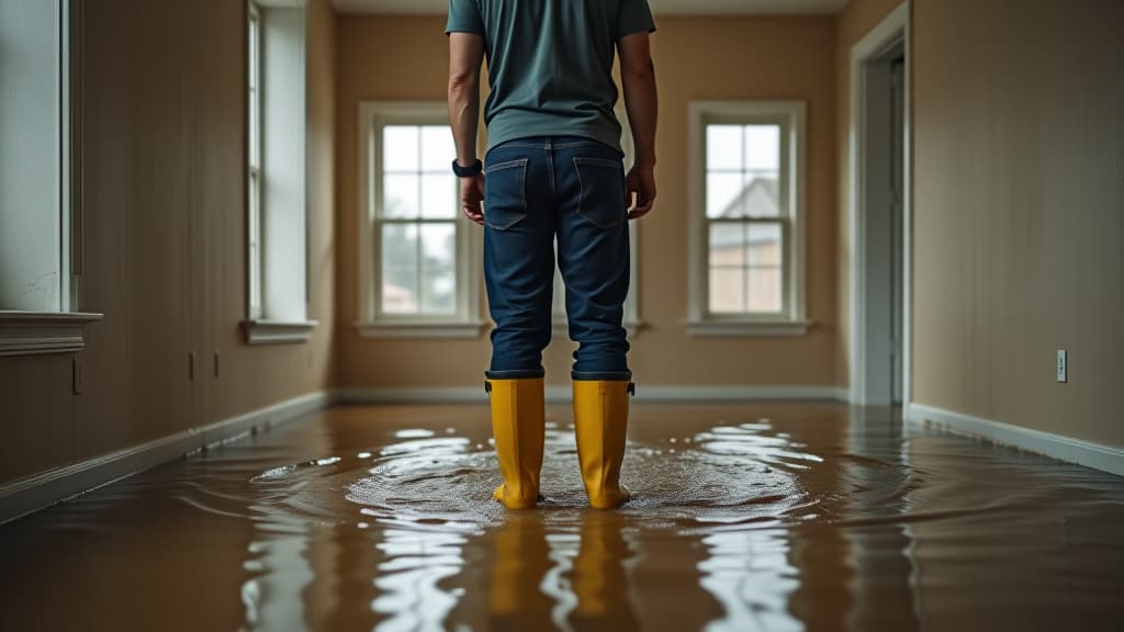  a man in rubber boots stands in a flooded house.